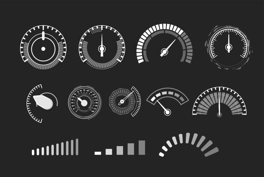 Auto speedometer dashboard scale, monochrome digital gauge, accelerate indicator, progress bar linear display vector set