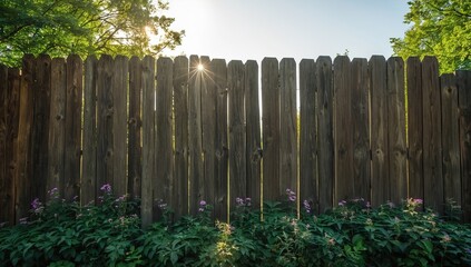 Obraz premium Wooden Fence with Green Foliage and Purple Flowers in Sunlight