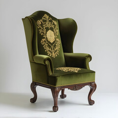 A traditional wingback armchair in olive green upholstery with classic wooden legs.