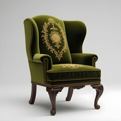 A traditional wingback armchair in olive green upholstery with classic wooden legs.
