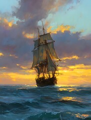 Sailing ship at sunset
