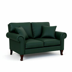 A traditional dark green 2-seater sofa with rolled arms and wooden legs.