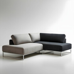 A two-tone L-shaped couch with textured fabric and a built-in side table.