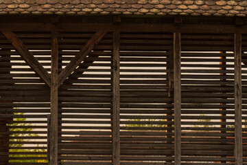 Traditional pig shed. Wooden planks, as background.