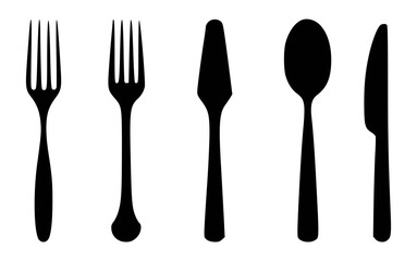 Black silhouettes of tableware utensils set against white background
