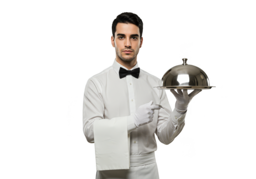 Isolated Studio Portrait of Waiter Serving Food with Silver Tray in Hand