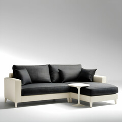 A two-tone L-shaped couch with textured fabric and a built-in side table.