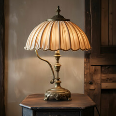 A vintage brass table lamp with a fabric shade, casting warm light.