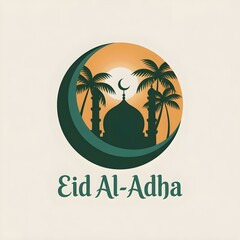 Eid al Adha Silhouette Logo with Crescent Moon Mosque and Elegant Typography

