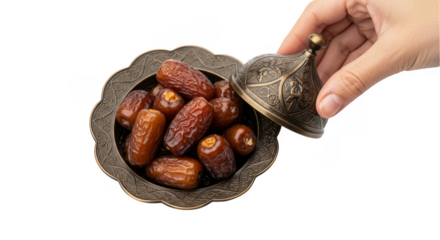 Isolated Transparent Background Of Dates In Bronze Bowl With Hand