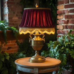 A vintage brass table lamp with a fabric shade, casting warm light.