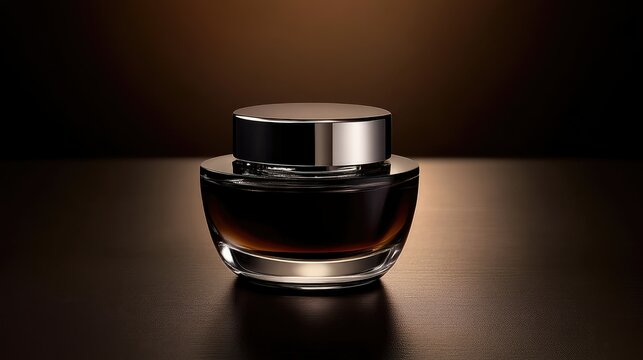 Elegant Glass Perfume Bottle with Smooth Curves and Luxurious Dark Liquid Reflecting Light on a Rich Textured Surface, Ideal for Beauty and Cosmetic Industry