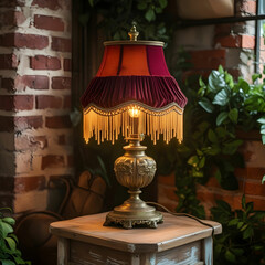 A vintage brass table lamp with a fabric shade, casting warm light.