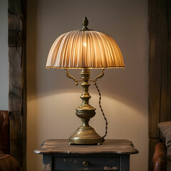A vintage brass table lamp with a fabric shade, casting warm light.