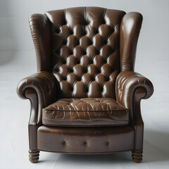 A vintage brown leather armchair with a button-tufted backrest and rolled arms.