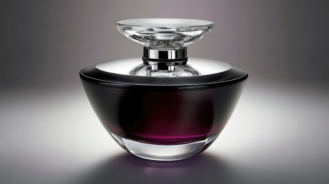 Elegant Glass Perfume Bottle with Dark Purple Liquid and Reflective Surface, Ideal for Beauty and Fragrance Related Artwork or Product Showcases