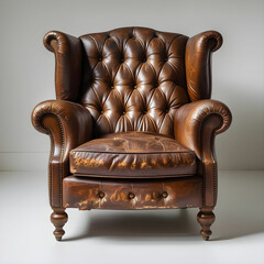 A vintage brown leather armchair with a button-tufted backrest and rolled arms.