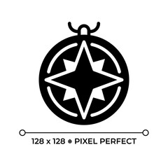 Nautical compass pixel perfect glyph solid icon. Vintage vessel navigation tool. Maritime device indicating direction. Black silhouette symbol on negative space. Vector isolated illustration