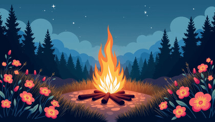 Midsummer fire glowing among flowers in forest, celebration of nature