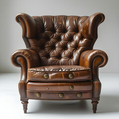 A vintage brown leather armchair with a button-tufted backrest and rolled arms.