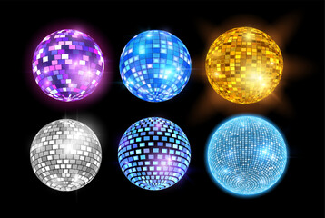 Glowing disco balls vector set, shiny hanging mirror spheres different colors, retro music dance club, party decoration