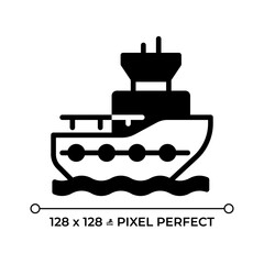 Tugboat pixel perfect glyph solid icon. Marine vessel designed to maneuver ships. Maritime transport. Harbor tug. Black silhouette symbol on negative space. Vector isolated illustration