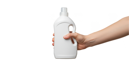 Isolated Transparent Background of Hand Holding Laundry Detergent Bottle