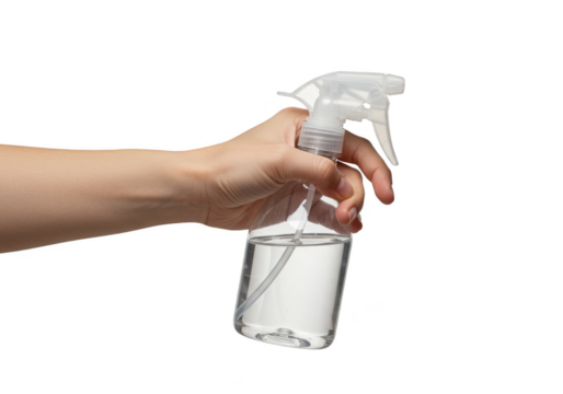 Isolated Transparent Background of Hand Holding Clear Spray Bottle
