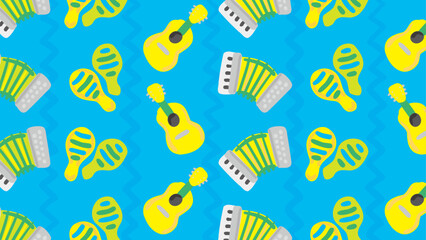 Background and banner decorated with Latin instrument patterns(guitar, accordion, maracas).Blue striped pattern.Horizontal,wide version.