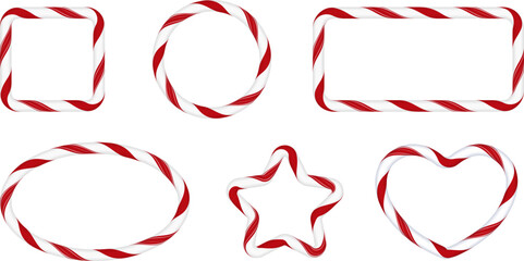 Obraz premium Christmas candy cane frames from red white twisted stripes, round, star, heart and rectangle borders vector collection