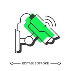 CCTV camera offset shadow line icon. Video surveillance equipment. Physical security technology usage. Bold outline symbol with solid green fill. Modern flat illustration. Editable stroke