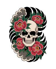 Traditional Japanese tattoo design featuring a detailed skull with red roses. Vintage Asian-style body art illustration. Isolated on transparent background for easy use