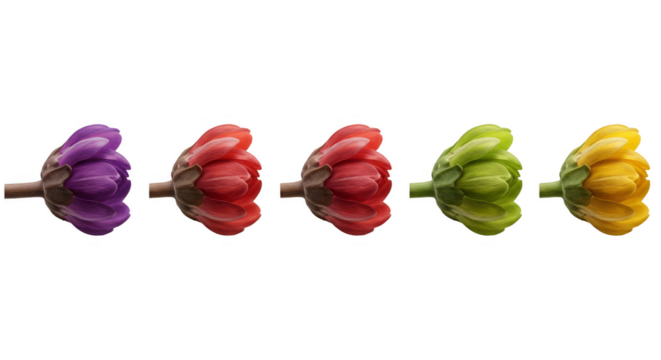 Isolated Transparent Background Image of Multicolor Flower Buds in a Row