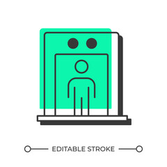 Security scanner gate offset shadow line icon. Person walking through metal detector. Guard equipment. Bold outline symbol with solid green fill. Modern flat illustration. Editable stroke