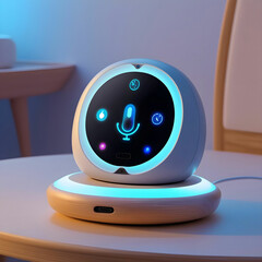 A voice-controlled AI toy assistant for children, placed on a bedside table.