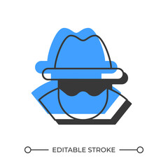 Anonymous offset shadow line icon. Suspicious person with sunglasses and hat. Incognito mode. Security. Bold outline symbol with solid blue fill. Modern flat illustration. Editable stroke