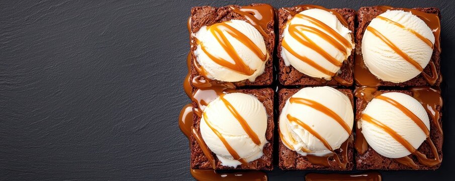 Six brownies topped with vanilla ice cream scoops and caramel sauce on a dark slate background.