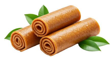 Isolated Transparent Background Of Three Fruit Leather Rolls with Leaves