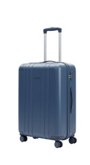 Isolated Blue Suitcase Luggage with Roller Handle and Wheeled Design