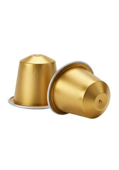 Isolated Transparent Background of Two Golden Metallic Coffee Capsules