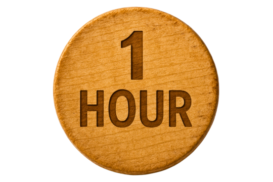 Wooden token engraved with the text one hour for time tracking on a transparent background