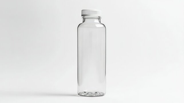 Clear Plastic Bottle with White Cap on Minimalistic Background Ideal for Packaging, Branding, and Product Display in Beverage or Personal Care Industry