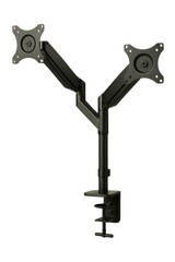 Dual monitor arm providing ergonomic workspace organization on a transparent background