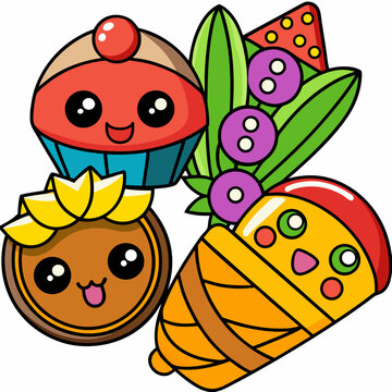 Naklejki 10 Of set More sticker Cute Food  design and bold line black , white background ,full  color