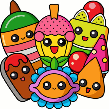 Naklejki 10 Of set More sticker Cute Food  design and bold line black , white background ,full  color