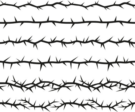 Barbwire, thorny frame vector illustrations set, boundary barb lines, sharp fence, torn stem white and black design