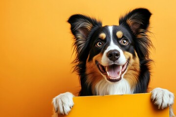 Ð¡ute dog australian shepherd hold in front paws a layout - large yellow alley sign. Isolated canine on a solid dress code bright orange background. Studio critter on white. Dog as model.