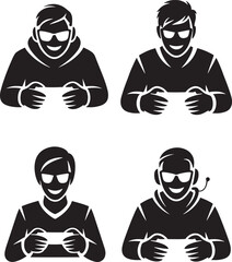 Black and white gamer avatars representing different hairstyles and expressions holding controller