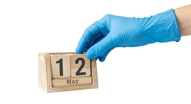 Isolated Transparent Background Wooden Calendar with Gloved Hand May 12