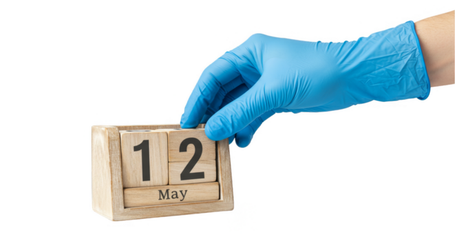 Isolated Transparent Background Wooden Calendar with Gloved Hand May 12